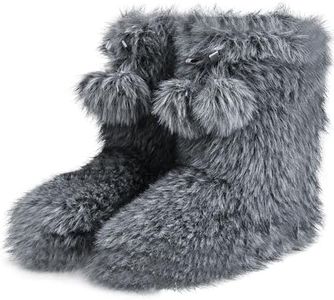 Home Slipper Indoor Slipper Boots,Women's Fuzzy Slippers High Top Furry House Shoes Soft Sole Bedroom Slippers with Lace Pom Poms Non-slip Slipper Booties,Grey Fur Monster,US 9/10