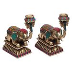 Kartique Brass Candle Holder on Elephant Trunk Pair Set Fengsui Vastu Hathi for Good Luck Success Prosperity Home Decor Marriage House Warming Gift Antique Multicolor Stone Work Height 8 Inch