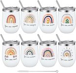 Mifoci 8 Pcs Inspirational Gifts for Women Bulk 12 oz Boho Rainbow Wine Tumbler Cups Vacuum Insulated Stainless Steel Coffee Mugs with Lids Straws Brushes Thank You Gifts for Coworkers Teacher Friend