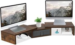 TEAMIX Dual Monitor Stand Riser with Drawer - Length and Angle Adjustable Double Monitor Riser Corner Desk Shelf Organizer 37 inch Long Monitor Riser for 2 Monitors/Laptop/PC/Screen/TV (94 cm, Brown)