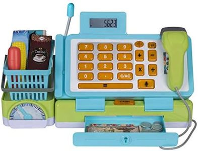 Playkidiz Interactive Toy Cash Register for Kids with Sounds and Early Learning Play, Includes Fake Money, Handheld Scanner, Shopping Basket, Food Boxes, Plastic Fruit and More.