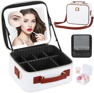 Aiborke Travel Makeup Bag with Led Mirror Make up Case with Lighted Mirror Cosmetic Organizer bag with Adjustable Dividers and 5X Magnifying Mirror Makeup Box Vanity Case for Women (White+Brown)
