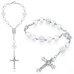 2 Pieces Car Rosary Mirror Rearview Mirror Auto Rosary Women Men Catholic Beads Rose Car Medal and Cross Hanging Accessories for Mirror Interior Decors(White)