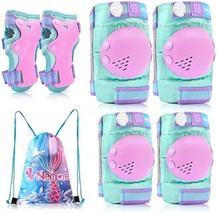 NEMONE Mermaid Knee Pads for Kids, Girls Boys Knee Elbow Pads Wrist Guards with Drawstring Bag, Adjustable Reflective Protective Gear Set for Roller Skates Bike Cycling Skateboard Scooter