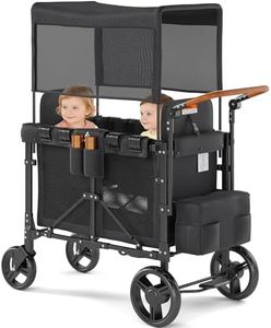 VELUVIA Wagon Stroller Outdoor for 2 Kids - Double Toddlers Stroller with Canopy & Removable Seat Pads, 2 Seater Push Pull Wagon One-Hand Fold, Shock-Absorbent Wheels & Safety Harness, Black