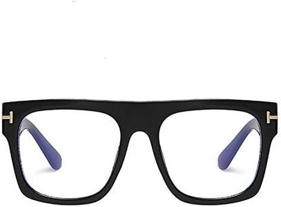 Unisex Stylish Square Non-prescription Eyeglasses Glasses Flat Top Big Eyeglass Frames Large lens Clear Lens Eyewear, Black(blue Light Blocker Lens), 53