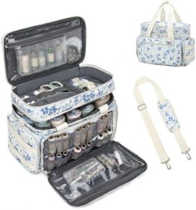 Lyhaxon Sewing Supplies Organizer Bag, Portable Double-Layer Storage Tote with Multiple Pockets and Removable Shoulder Strap, Roomy Sturdy Box Case for Easy Carrying(Bag Only, Blue Floral)