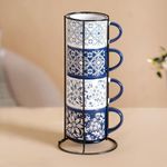 Nestasia Stackable Ceramic Cups Set of 4 (200 ml) | Microwave & Dishwasher Safe Tea & Coffee Mugs with Glossy Finish | Ideal for Gifting (Floral Blue)