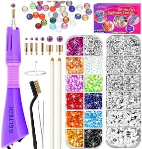 Hotfix Applicator Rhinestones, GGLTECK DIY Hot Fix Rhinestone Applicator Wand Setter Tool Kit with 7 Different Sizes Tips, Tweezers & Brush Cleaning kit and 2 Pack Hot-Fix Crystal Rhinestones (Purple)