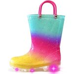 Greentiming Kids Wellies for Girls Boys, Light Up Glitter Waterproof Wellington Boots with Easy on Handles, Toddler Wellies Size 13 UK Child, Yellow Rainbow