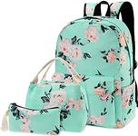 Flowers Backpack Kids School Bag 3-in-1 Bookbag Set, Junlion Rose Laptop Backpack Lunch Bag Pencil Case for Teen Girls Womens Green