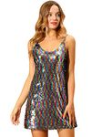 Allegra K Women's Glitter Sequin Dress Spaghetti Strap V Neck Party Cocktail Sparkly Mini Dress Clubwear, Rainbow, 3XL