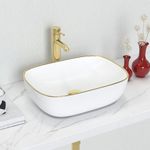 J-FAMILY 18.3'' x 13'' Bathroom Vessel Sink Above Counter White Porcelain Ceramic Sink Bowl Gold Rim Decoration Vanity Sink Lavatory Wash Hand Basin,JFBS100GT