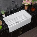 Miuara Farmhouse Sink 33 Inch x 18 Inch Fireclay Glossy White Farmhouse Sink Single Bowl Apron Front Farm Sink Large Undermount Kitchen Sink 33x18x10 with Custom Bottom Grid & Kitchen Sink Strainer