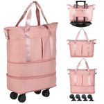 VOOWO Rolling Duffle Bag with Wheels, Expandable Foldable Duffel Bag with Wheels for Travel, Rolling Luggage Carry on Duffel Bag, Wheeled Travel Duffle Bag, Large Weekend Bag for Women & Men (Pink)