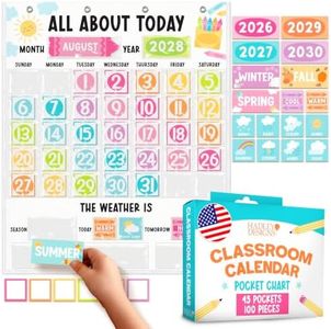 Classroom Calendar Pocket Chart -24x29" Pocket Chart Calendar for Classrooms, Teacher Calendars Bulletin Board Set, Elementary Kindergarten Preschool Classroom Decor, Crayon Bulletin Board Decorations