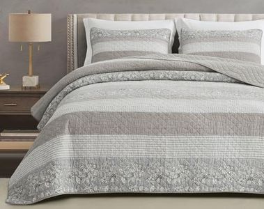 Chezmoi Collection Robyn 3-Piece Neutral Taupe Gray White Floral Hibiscus Flower Patchwork Striped Quilt Set - Pre-Washed Cotton Coverlet - Lightweight Reversible Bedspread, King Size