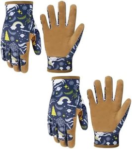 HANDLANDY 2 Pairs Kids Genuine Leather Gardening Gloves for ages 3-11, Children Toddler Work Outdoor Playing Gloves for Boys Girls Gift (Large (for age 8-11), Blue)