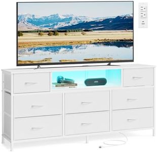 SONGMICS Dresser for Bedroom with Outlets & LED Lights, 8 Fabric Drawers | TV Stand for TVs Up to 65 Inches, Chest of Drawers with Steel Frame, Cloud White, BELLAH Collection ULGS434WH02S