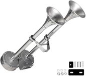 150db Boat Horn Deluxe: 12V Dual Horn Trumpet Upgrade - Polished Stainless Steel Marine Horns with Low & High Tones, Featuring Adjustable Horn Support（Upgraded Pair of Horns）