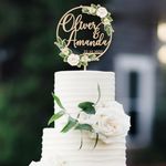 Party to Be Personalized Wedding Cake Topper in Wood Custom Bride & Groom Name & Date Cake Decoration Printed with Flowers & Green Leaves