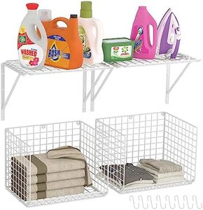 2 Pack Laundry Room Shelves Wall Mounted with Wire Baskets, Over the Washer and Dryer Shelf with Clothes Drying Rack, 8 Hooks，Wire Shelves Baskets for Laundry Closet Organization and Storage, White