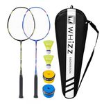 QICHUAN Whizz Full Carbon Fiber Badminton Rackets Set of 2 - New Frame Design - Incl. Shuttlecocks, Grip Tapes, Carrying Bag, Black+Blue (S8)