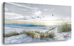 Canvas Prints Wall Art Beach Sunrise Ocean Waves Beach Grass Nature Pictures Stretched Canvas Wooden Framed for living Room Bedroom and Office Home Decor 20in x40in