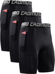 Cadmus 3 Pack Men Compression Gym Running Sports Underwear Base Layer Shorts with Side Pockets,Black & Black & Black, L