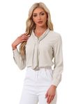 Allegra K Women's Elegant Work Office Blouse Long Sleeve Pleated Tie Neck Top Shirt Light Beige Large