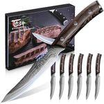 SYOKAMI Steak Knives Set of 6, 4.8 Inch High-Carbon Japanese Stainless Steel Non-Serrated Steak Knife with Wood Handle, Damascus Pattern Full Tang Design, Razor-Sharp Dinner Knives with Gift Box