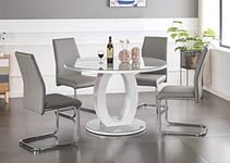Furniturebox UK Giovani Modern Grey/White High Gloss and Glass Large Round Dining Table and 4/6 Modern Lorenzo Chairs Set (Dining Table + Elephant Grey Lorenzo, 4 Chairs)