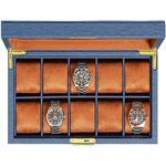 ROTHWELL 10 Slot Leather Watch Box - Luxury Watch Case Display Jewelry Organizer - Locking Watch Display Case Holder with Large Glass Top - Watch Box Organizer for Men and Women (Blue/Tan)