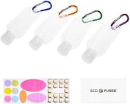 Eco-Fused 4x Portable Travel Bottles - Up to 50 ML - For Liquid Soaps, Shampoo, Lotion, Sanitizers, Rubbing Alcohol - Also Includes 4x Carabiner, 1x Sticker Label Sheet