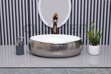 CLUSTER Glossy Ceramic Designer Table Top/Counter Top/Wash Basin for Bathroom | over Counter Bathroom Sink Silver & White, Oval Shape Basin (18.8 x 13.3 x 5.7 Inch)