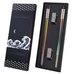 TIICOO Metal Chopsticks Reusable 2 Pairs Titanium Stainless Steel 18/8 Chopsticks with Holder, Dishwasher Safe Lightweight Korean Japanese Chinese Chopsticks Gift Set(Rainbow)