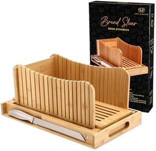 Deen Dynamics Premium Bamboo Bread Slicer for Homemade Bread, Bread Slicer with 3 Slice Thickness, Foldable bread slicer with Stainless steel knife and Compact Chopping Cutting Guide with Crumb Tray