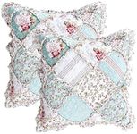 DaDa Bedding Set of 2 Blooming Floral Throw Pillow Covers - Patchwork Hint of Mint Cotton Garden Country Cottage - Ruffles Muted Pastel Light Seafoam Blue/Green - 18" x 18"