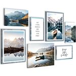 Novart Canvas Wall Art - 7 piece Rustic Nature Panoramic Mountain Lake Collage Picture, Blue Grey Wall Decor for Living Room, Bedroom, Home Office, Hallway and Stairs