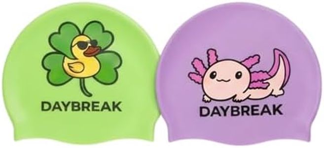 DAYBREAK Kids & Teens Silicone Swim Cap - Seamless Non Slip Waterproof Swimming Cap - Reduce Drag Comfortable Fit Fun Design for Boys & Girls (Bundle Pack (1 Lucky Duck and 1 Purple Axolotl))