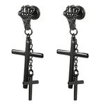 JewelryWe 2pcs Unisex Mens Stainless Steel Double Cross Pendants Dangling Vintage Gothic Skull Claw Stud Earrings,Black (with Gift Bag)