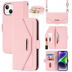 Jaorty Crossbody Wallet for iPhone 15 Plus Case with Adjustable Lanyard Strap Credit Card Holder 6.7",PU Leather Handbag Purse Kickstand Make Up Mirror Cover Case for Men Women Girl,Pink