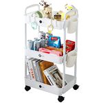 KOADOA 3-Tier Storage Trolley on Wheels, Kitchen Rolling Utility Cart Storage Organiser with Handle Hanging Cups for Office, Kitchen, Bedroom, Bathroom, Laundry Room, Narrow Places (White)