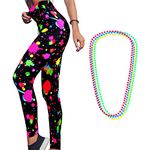 Neon High Waisted Women's Artistic Printed 80s Leggings Women's Yoga Running Soft Pants with 4 Pieces Neon Necklace (Medium)