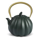 VICSKY Pumpkin Cast Iron Teapot (40 oz/1200 ml), Sturdy Iron Tea Kettle Stovetop Safe, Japanese Tetsubin Cast Iron Teapot, Enamel Coated and 304 Stainless Steel Infuser, Halloween (Dark Green)