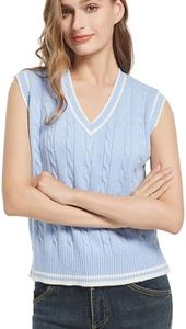 RefindWin Women's Casual V Neck Cable Knit Sweater Vest Solid Sleeveless Tank Tops Women Vest, C Blue, Medium