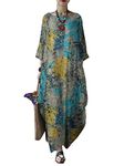 ZANZEA Women Summer Dresses Casual 3/6 Sleeve Plus Size Dress Cotton Linen Floral Printed Beach Loose Long Kaftan Maxi Dress Green L