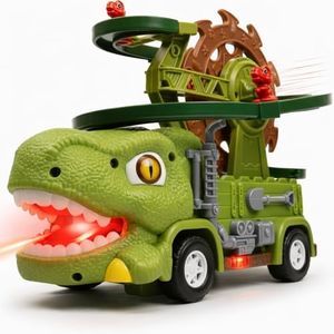 Dinosaur Truck & Track Toy – Dinosaur Toys for Kids 3-5, 2-4, 5-7 – Dino Car with Obstacle Detection, Lights, Music & Dino Slide Gift for Boys & Girls