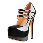MissHeel Women's Mary Jane Stiletto Pumps Triple Buckle Straps High Heels Closed Toe Ankle High Invisible Platform Dress Shoes Black Size 5