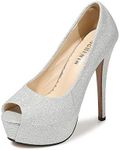 OCHENTA Women's Peep Toe Prom Heels Platform High Heels Sexy Dress Pumps, Silver (Glitter), 10.5